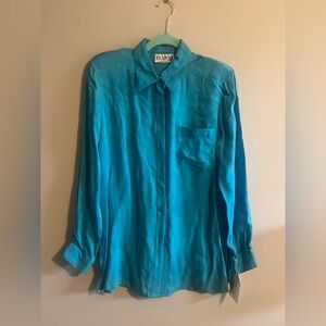 GIANNI blue floral print shoulder pad vintage button down silk shirt size 4